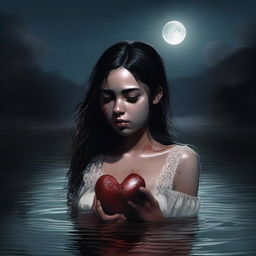 In this digital art piece, an 18-year-old Mexican brunette is depicted in a river at night, holding a real human heart