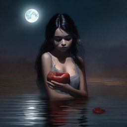 In this digital art piece, an 18-year-old Mexican brunette is depicted in a river at night, holding a real human heart