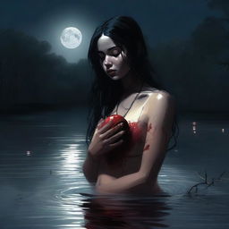 In this digital art piece, an 18-year-old Mexican brunette is depicted in a river at night, holding a real human heart