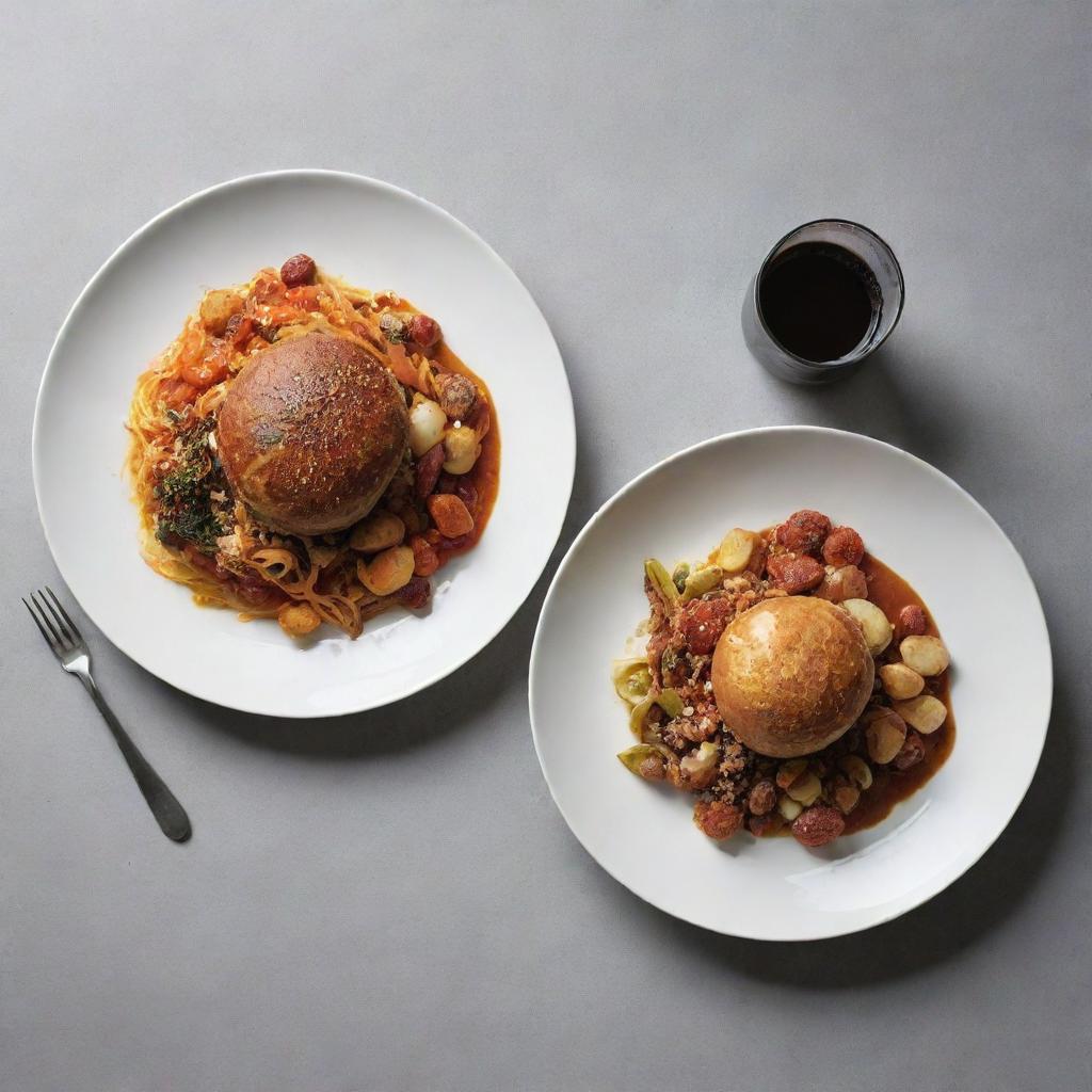 A plate featuring immaculately presented food next to a dish of messy, untidy food