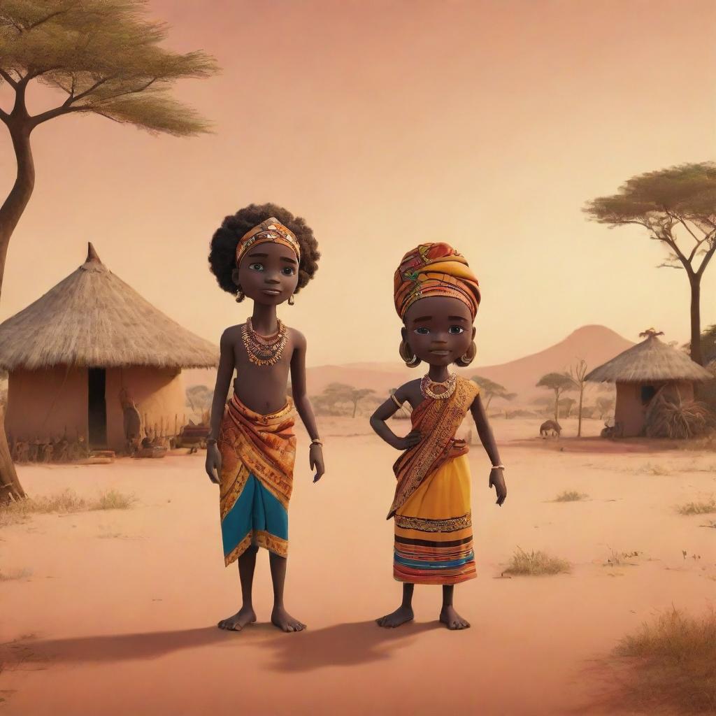 Create an AI-generated animation showcasing a tale set in an African backdrop, reflecting the rich culture and vibrant landscapes, with character designs inspired by traditional artistry.