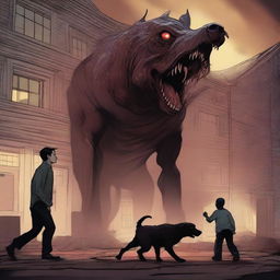 A digital art piece portraying a terrifying scene where an eldritch horror, bearing semblance to a dog, is attacking a school building