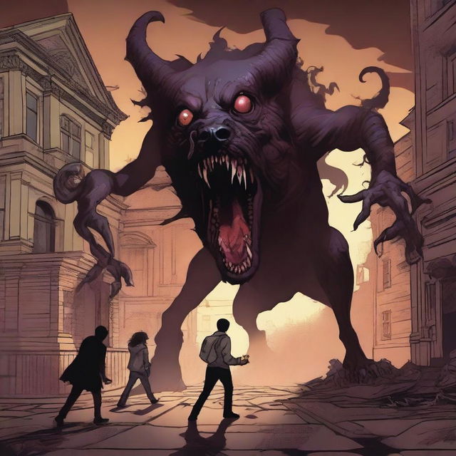 A digital art piece portraying a terrifying scene where an eldritch horror, bearing semblance to a dog, is attacking a school building