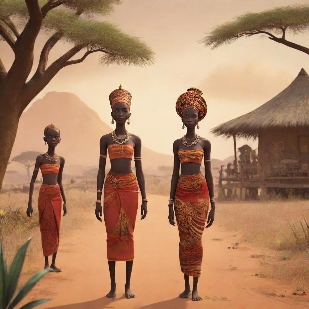 Create an AI-generated animation showcasing a tale set in an African backdrop, reflecting the rich culture and vibrant landscapes, with character designs inspired by traditional artistry.