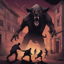 A digital art piece portraying a terrifying scene where an eldritch horror, bearing semblance to a dog, is attacking a school building