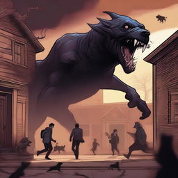 A digital art piece portraying a terrifying scene where an eldritch horror, bearing semblance to a dog, is attacking a school building