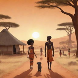 Create an AI-generated animation showcasing a tale set in an African backdrop, reflecting the rich culture and vibrant landscapes, with character designs inspired by traditional artistry.