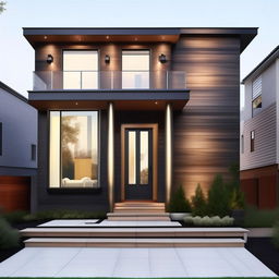 11 feet wide house front with a large 3x6 main door and 4x5 window, detailed modern facade, urban style.