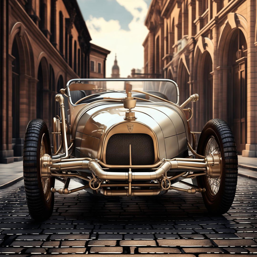 A high-quality digital art piece depicting a Maserati as if it were designed in the 1910s