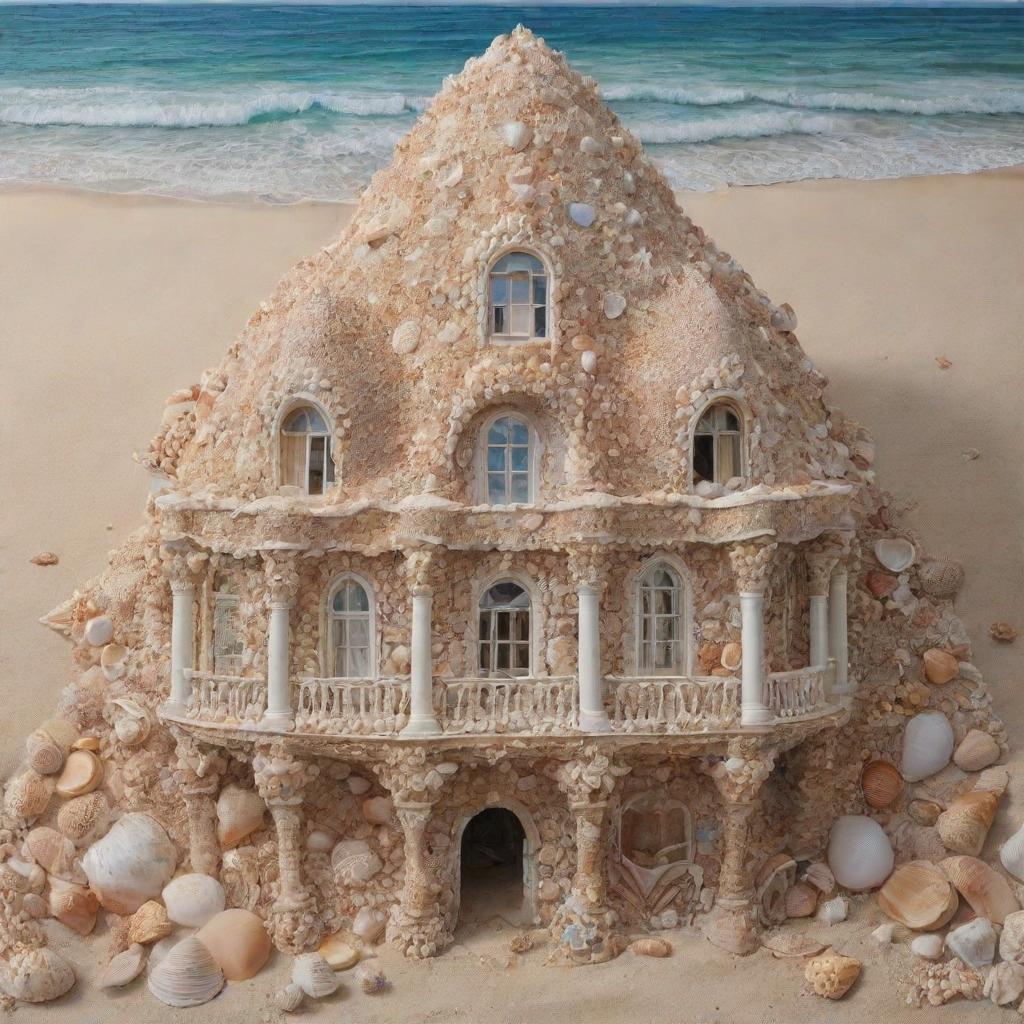 A detailed painting of a unique building constructed entirely from intricate seashells