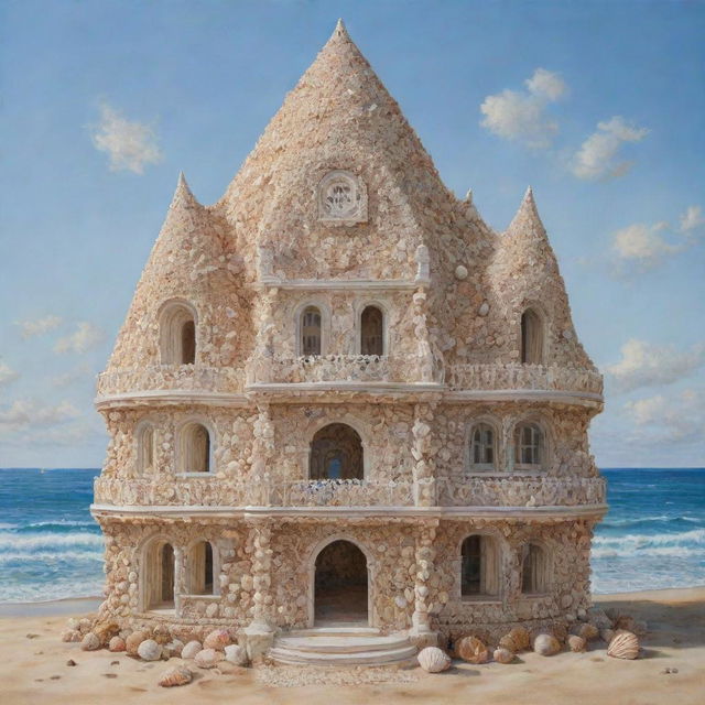 A detailed painting of a unique building constructed entirely from intricate seashells