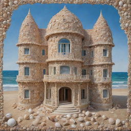 A detailed painting of a unique building constructed entirely from intricate seashells