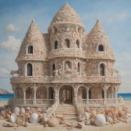 A detailed painting of a unique building constructed entirely from intricate seashells