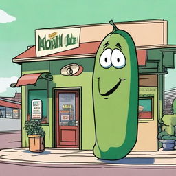 An image of a gargantuan green bean, rendered in a cartoon style, menacingly looming over a quaint little grocery store