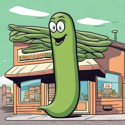 An image of a gargantuan green bean, rendered in a cartoon style, menacingly looming over a quaint little grocery store