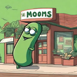 An image of a gargantuan green bean, rendered in a cartoon style, menacingly looming over a quaint little grocery store