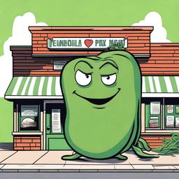 An image of a gargantuan green bean, rendered in a cartoon style, menacingly looming over a quaint little grocery store