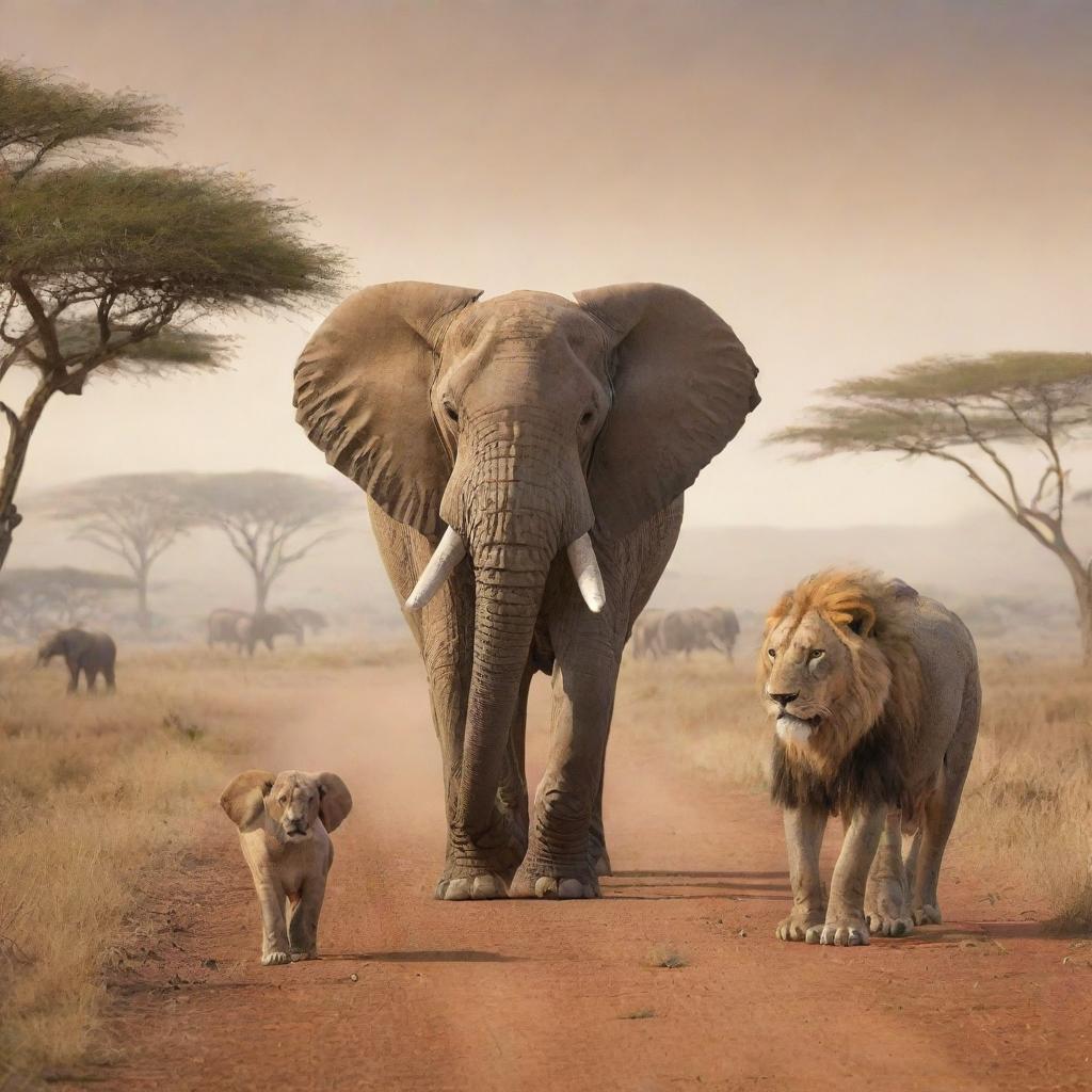 Illustrate in an AI-generated cartoon, Kibo, the wise, old, gentle elephant roaming the vast African savannah. Also display Zuri, a curious young lion, approaching Kibo, driven by desire to seek his wisdom.