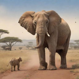 Illustrate in an AI-generated cartoon, Kibo, the wise, old, gentle elephant roaming the vast African savannah. Also display Zuri, a curious young lion, approaching Kibo, driven by desire to seek his wisdom.