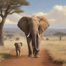 Illustrate in an AI-generated cartoon, Kibo, the wise, old, gentle elephant roaming the vast African savannah. Also display Zuri, a curious young lion, approaching Kibo, driven by desire to seek his wisdom.