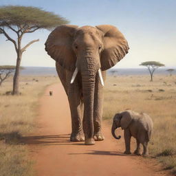 Illustrate in an AI-generated cartoon, Kibo, the wise, old, gentle elephant roaming the vast African savannah. Also display Zuri, a curious young lion, approaching Kibo, driven by desire to seek his wisdom.