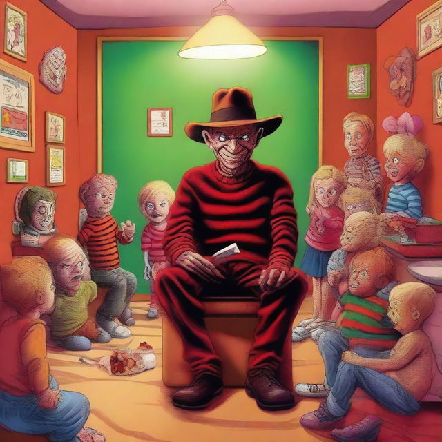 A high-quality digital art image depicting the iconic horror character, Freddy Krueger, in a surprising setting