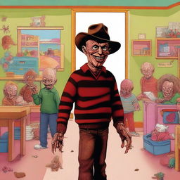 A high-quality digital art image depicting the iconic horror character, Freddy Krueger, in a surprising setting