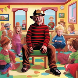 A high-quality digital art image depicting the iconic horror character, Freddy Krueger, in a surprising setting