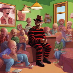 A high-quality digital art image depicting the iconic horror character, Freddy Krueger, in a surprising setting