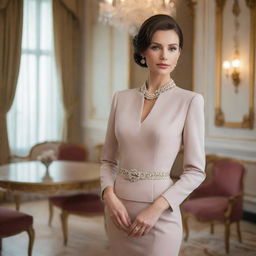 A sophisticated lady dressed in a fashionable outfit, gracefully posing in an elegant setting