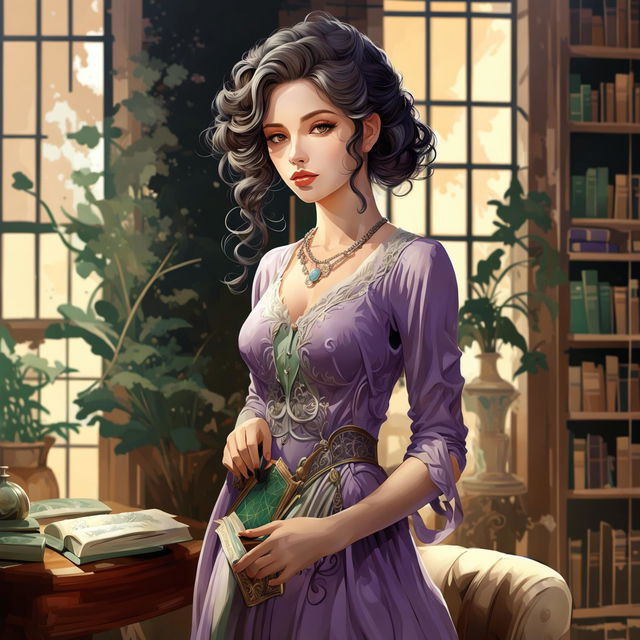 Elegant lady in lavender dress with pearls and book in vintage room.