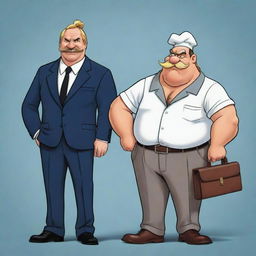 Illustration of Obelix and Asterix characters dressed in modern business attire