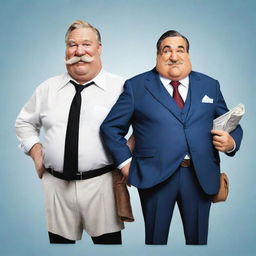 Illustration of Obelix and Asterix characters dressed in modern business attire