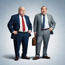 Illustration of Obelix and Asterix characters dressed in modern business attire