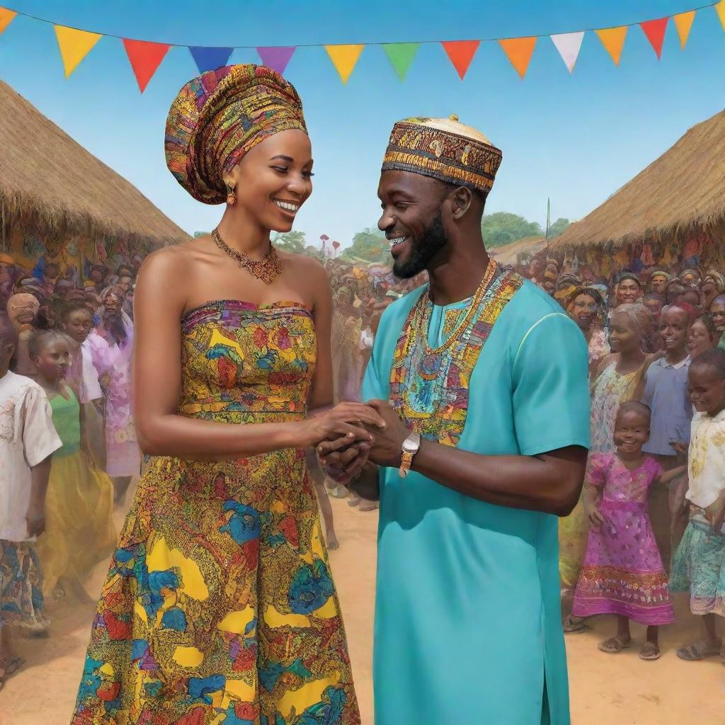 Generate an AI-created cartoon illustrating a vibrant African village festival. Highlight a moment where Amina and Prince Kofi lock eyes amidst the celebration, effectively conveying the magical connection shared between them.