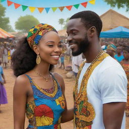 Generate an AI-created cartoon illustrating a vibrant African village festival. Highlight a moment where Amina and Prince Kofi lock eyes amidst the celebration, effectively conveying the magical connection shared between them.