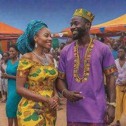 Generate an AI-created cartoon illustrating a vibrant African village festival. Highlight a moment where Amina and Prince Kofi lock eyes amidst the celebration, effectively conveying the magical connection shared between them.