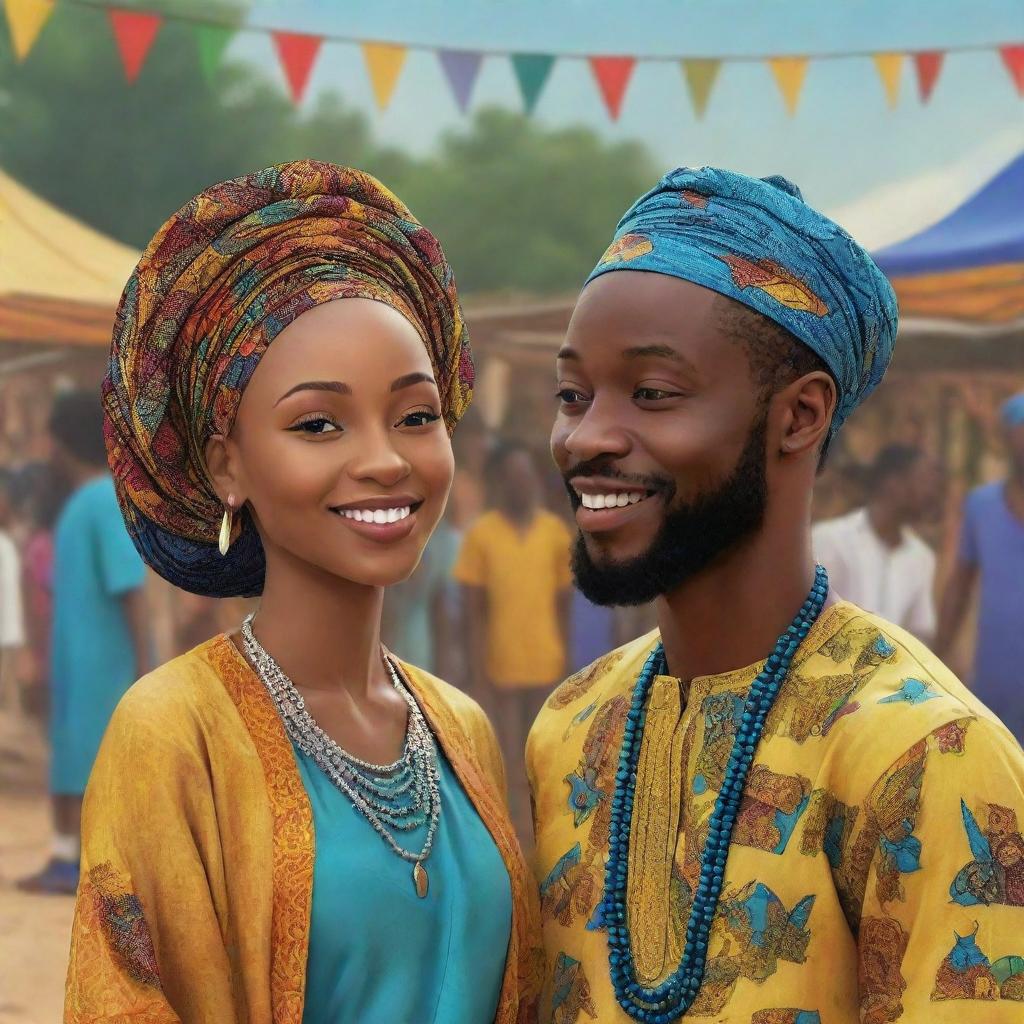 Generate an AI-created cartoon illustrating a vibrant African village festival. Highlight a moment where Amina and Prince Kofi lock eyes amidst the celebration, effectively conveying the magical connection shared between them.