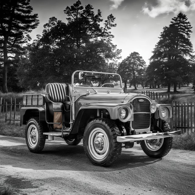 A digital art piece depicting a Land Rover as if it were designed in the 1910s