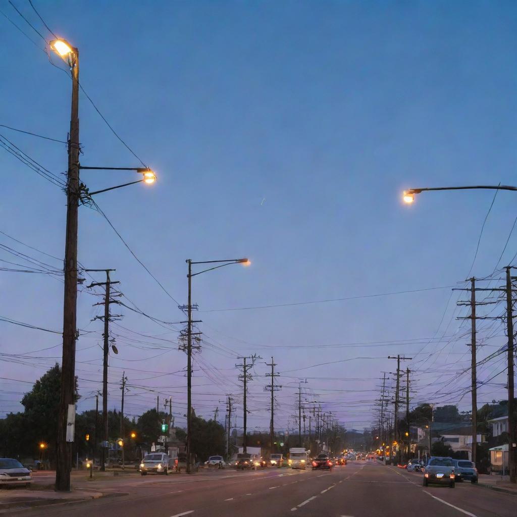 A detailed view of diverse electric installations on public streets, illuminated under twilight sky, with a mixture of street lights, traffic signals, electricity poles, and power lines.