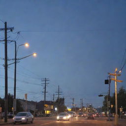 A detailed view of diverse electric installations on public streets, illuminated under twilight sky, with a mixture of street lights, traffic signals, electricity poles, and power lines.