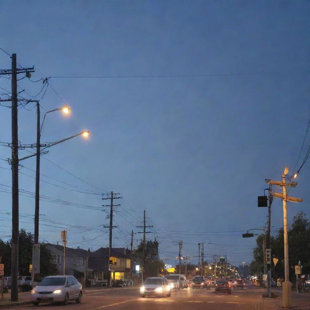 A detailed view of diverse electric installations on public streets, illuminated under twilight sky, with a mixture of street lights, traffic signals, electricity poles, and power lines.
