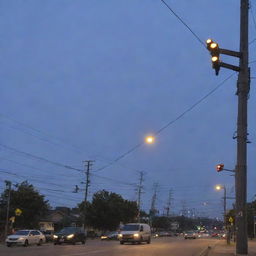 A detailed view of diverse electric installations on public streets, illuminated under twilight sky, with a mixture of street lights, traffic signals, electricity poles, and power lines.