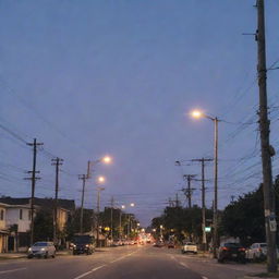 A detailed view of diverse electric installations on public streets, illuminated under twilight sky, with a mixture of street lights, traffic signals, electricity poles, and power lines.