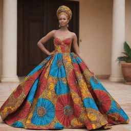 Generate an animated sequence showcasing Amina in a gown crafted from vibrant African fabrics, drawing the eye of Prince Kofi amidst the grand festival.