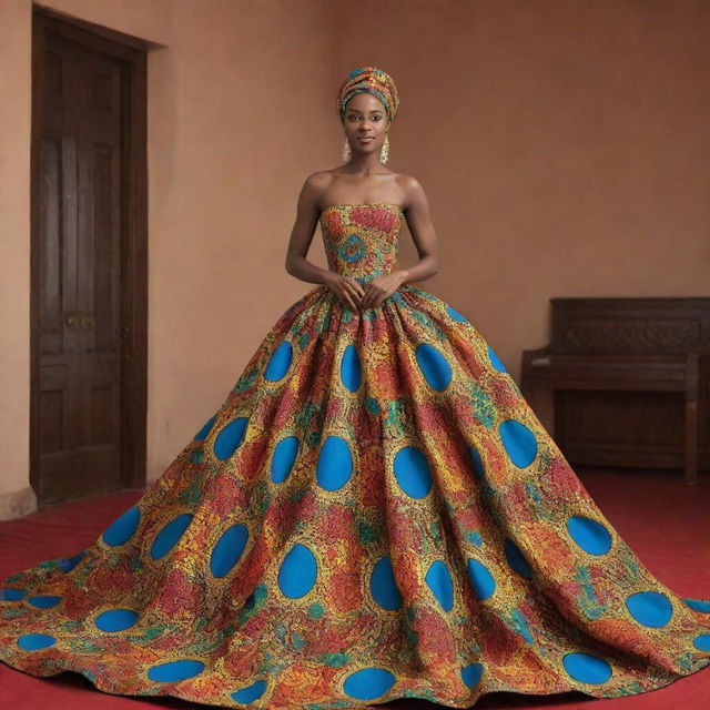 Generate an animated sequence showcasing Amina in a gown crafted from vibrant African fabrics, drawing the eye of Prince Kofi amidst the grand festival.