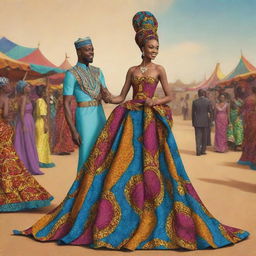 Create an animated sequence for an African tale cartoon, showcasing Amina in an elegant gown made from vibrant African fabrics, captivating Prince Kofi during the grand festival.