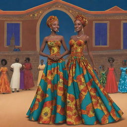 Create an animated sequence for an African tale cartoon, showcasing Amina in an elegant gown made from vibrant African fabrics, captivating Prince Kofi during the grand festival.