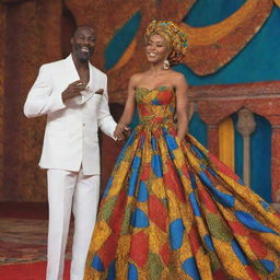 Create an animated sequence for an African tale cartoon, showcasing Amina in an elegant gown made from vibrant African fabrics, captivating Prince Kofi during the grand festival.