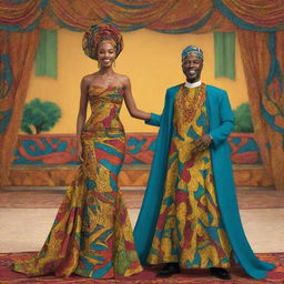 Create an animated sequence for an African tale cartoon, showcasing Amina in an elegant gown made from vibrant African fabrics, captivating Prince Kofi during the grand festival.